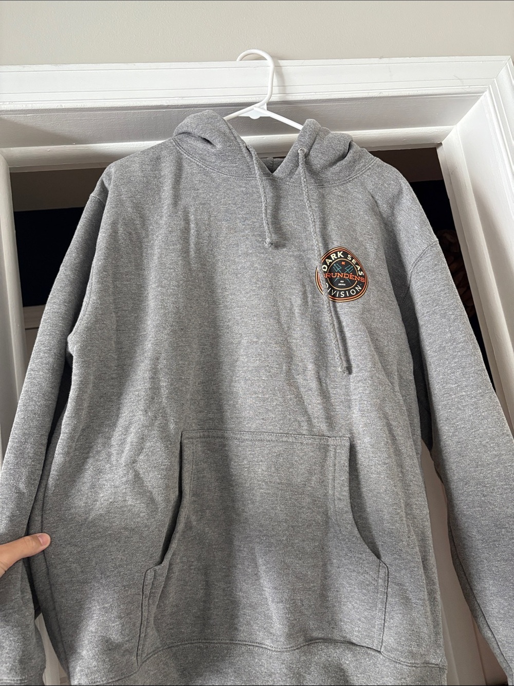 Heather Gray Pullover Hoodie with Small Round Logo Patch